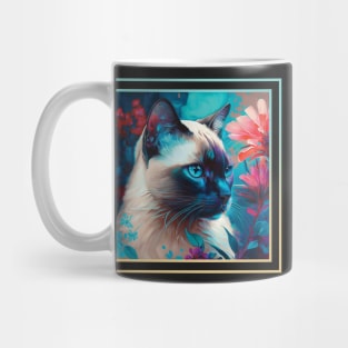 Distracted Siamese Cat Vibrant Tropical Flower Digital Oil Painting Portrait Mug